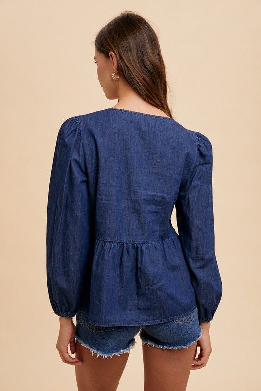 DENIM TIE FRONT PEPLUM BLOUSE