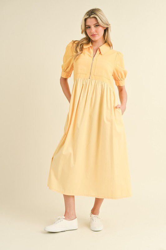 Denim Yellow Zip Up Midi Dress