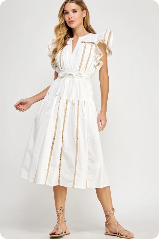 White Golden Lace Ruffle Dress (Preorder)