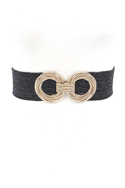 Double Circle Buckle Elastic Faux Straw Belt