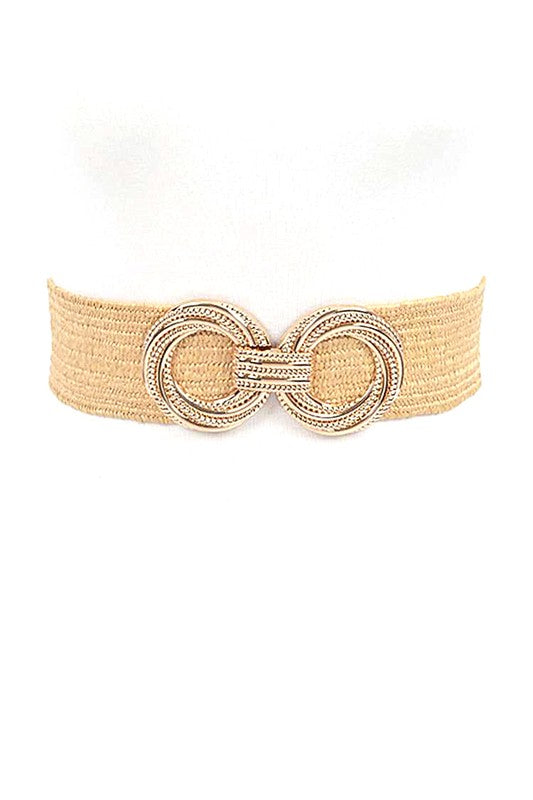 Double Circle Buckle Elastic Faux Straw Belt