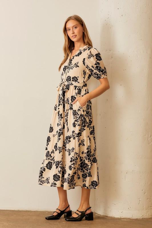 Satin Flower Print Maxi Dress