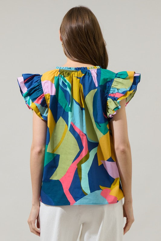 Abstract navy-yellow multicolor top