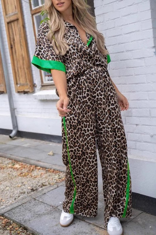 Leopard print color-block set with wide-leg pants.