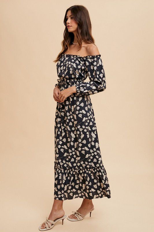 FLOWER PRINTED OFF THE SHOULDER MAXI DRESS