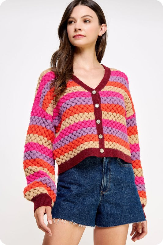 Waffle Stripe Block Cardigan Sweater(Pre order)