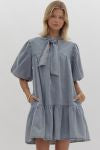 Bubble sleeves bow short denim dress