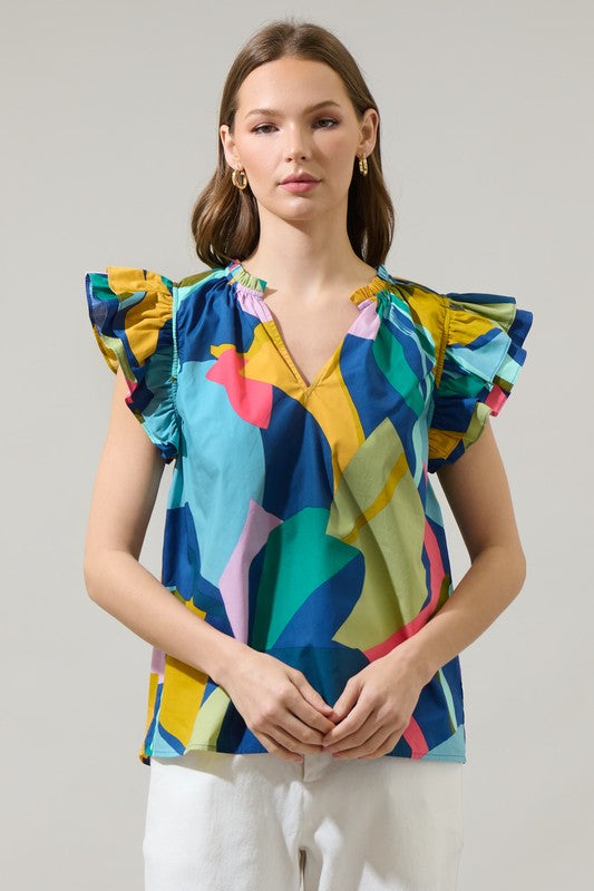 Abstract navy-yellow multicolor top