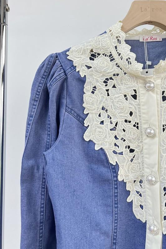 Victorian Denim Embroidered Top