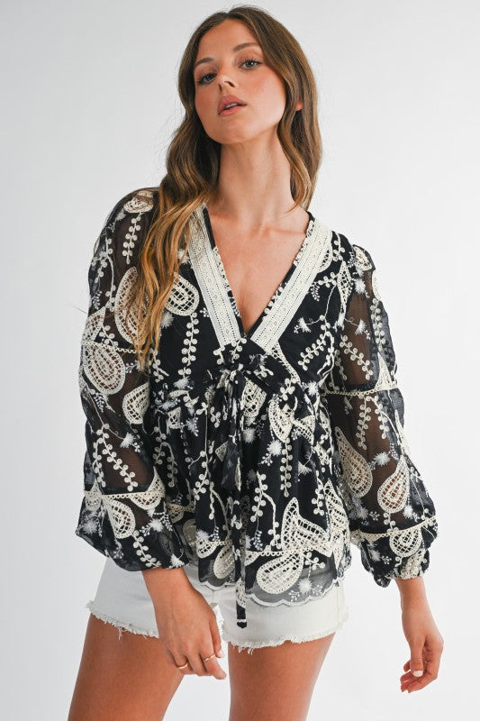 Boho Embroidered Sheer Mesh Blouse(Pre order)