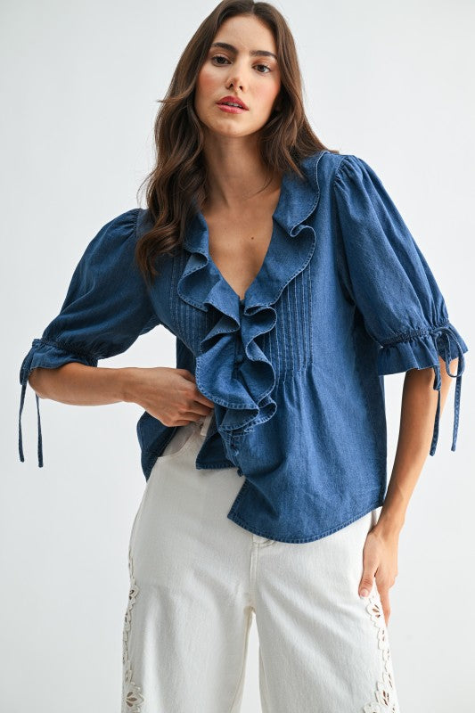 Denim Pleated Ruffle Blouse With Puff Sleeves(Pre order) (02/27/26)