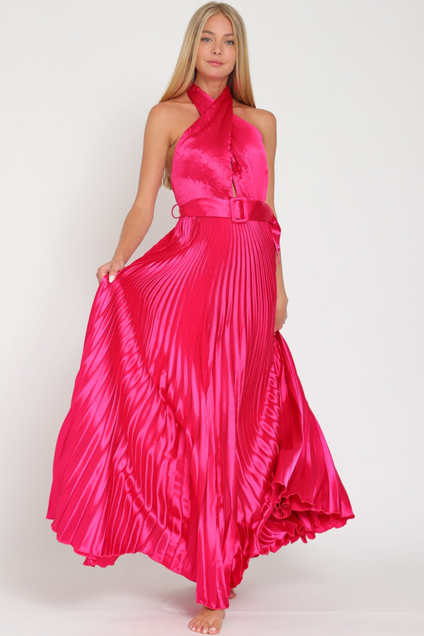 Halter twist pleated fuchsia dress