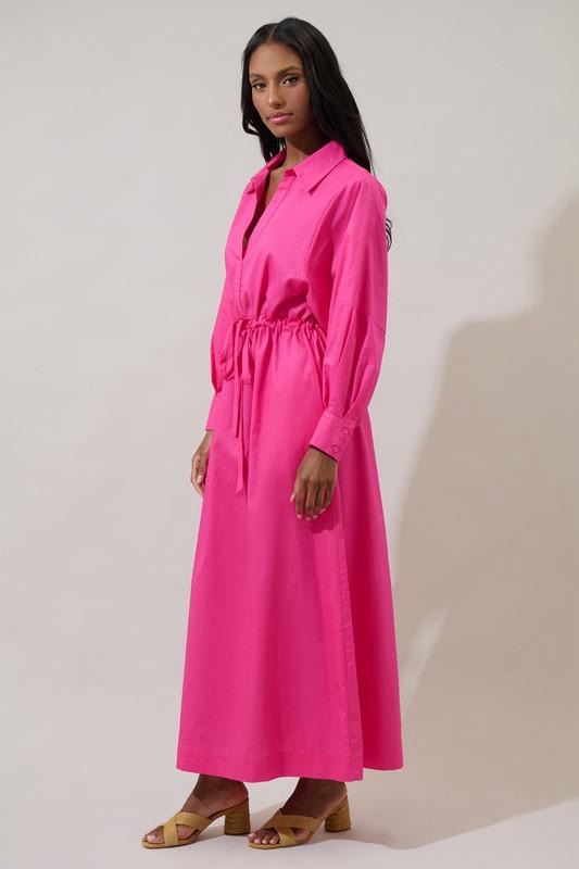 Fuchsia Maxi Shirt Dress with Adjustable Waist