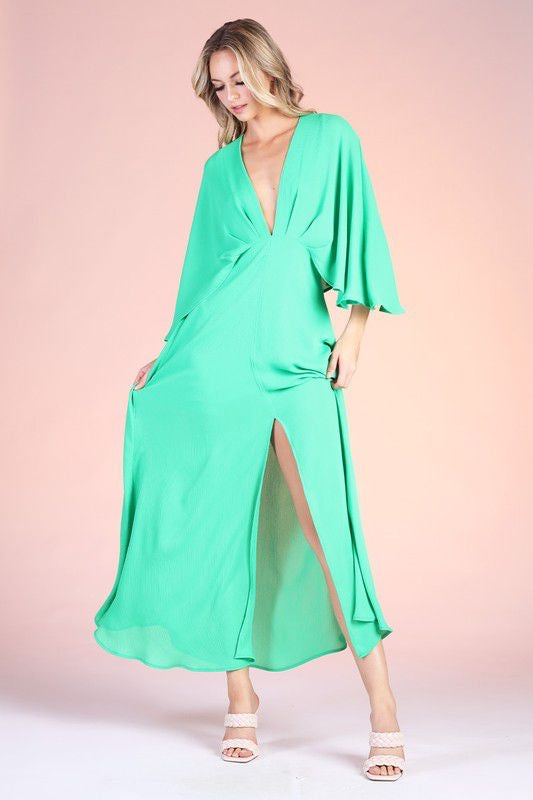 V- neck cape emerald dress