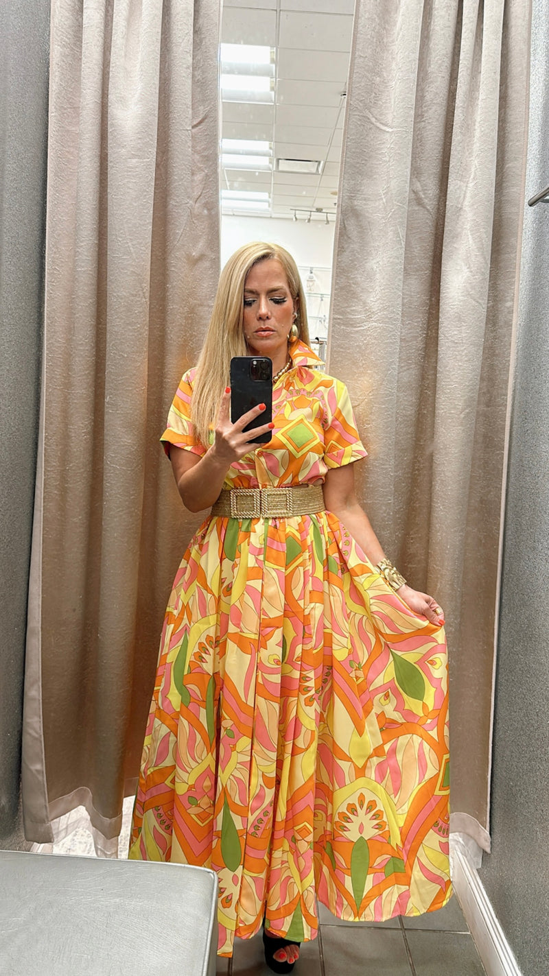 Shirt yellow/tangerine print dress