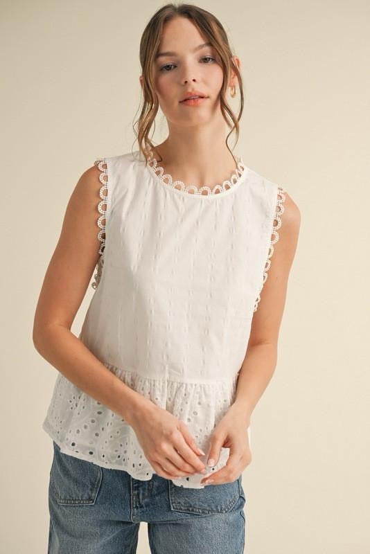 Eyelet Peplum Sleeveless Top (Preorder)