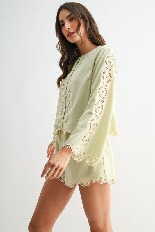 Button-front Lace Top And Short Set(Pre order)
