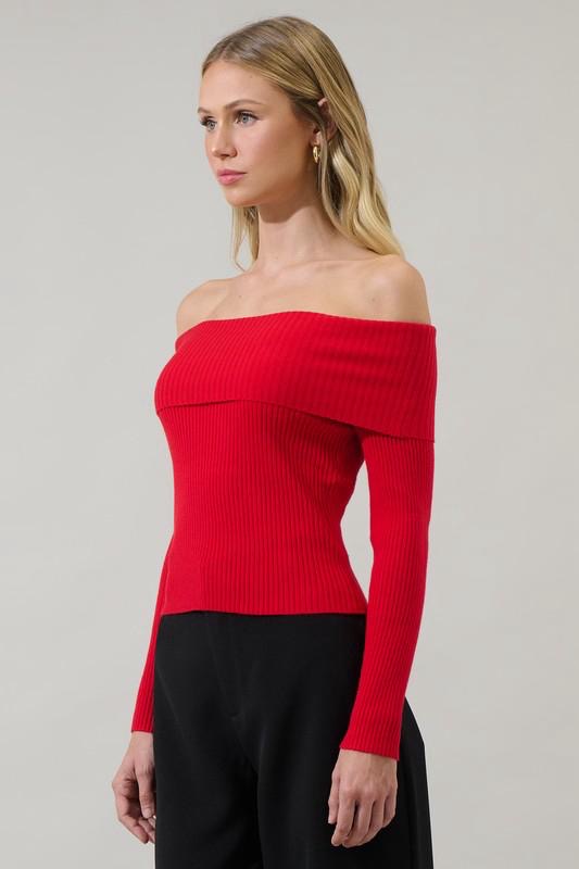 Red Off-Shoulder Ribbed Knit Top