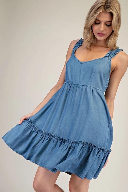 Denim Tiered Mini Dress (Preorder)