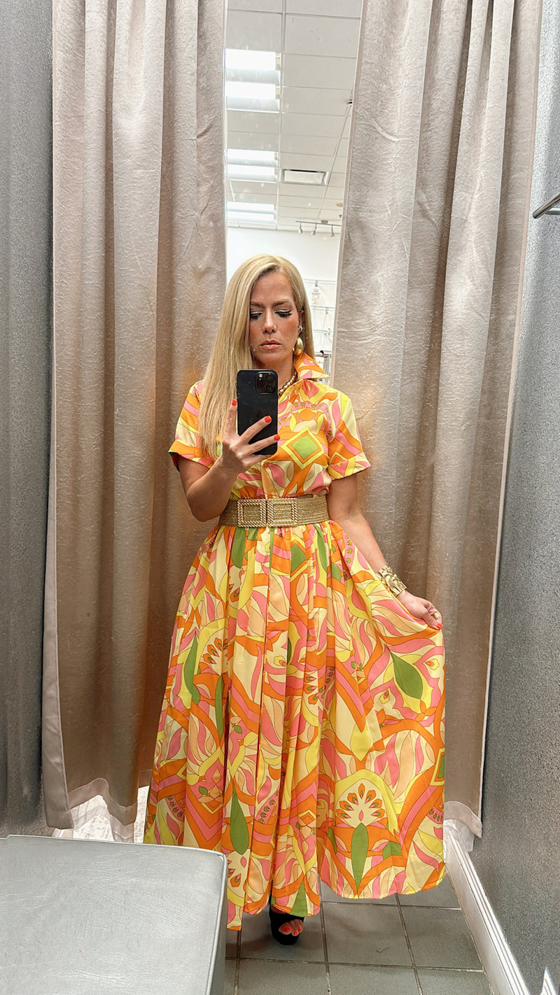 Shirt yellow/tangerine print dress