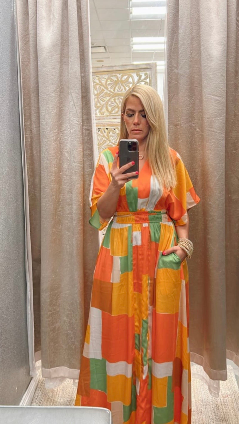 V neck kimono camel orange maxi dress