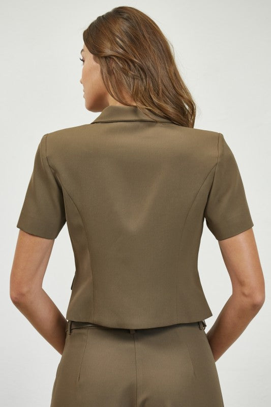 Double Breasted Short Sleeve Woven Jacket Pleated Wide Pants With Gold Chain Belt Set (Pre order)