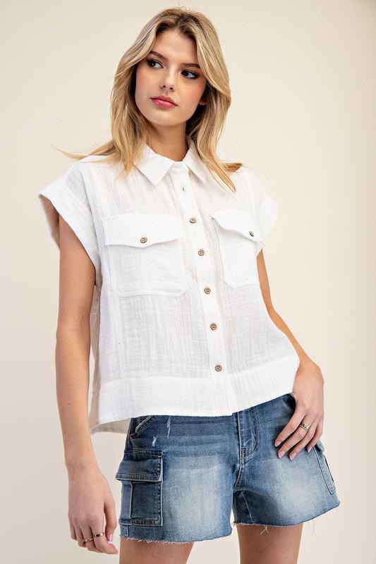 Cotton Gauze Cap Sleeve Blouse Top