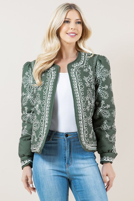 Floral print olive green jacket