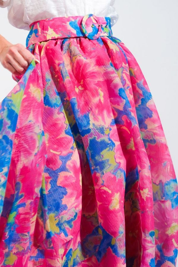 Floral Pink-blue belted skirt