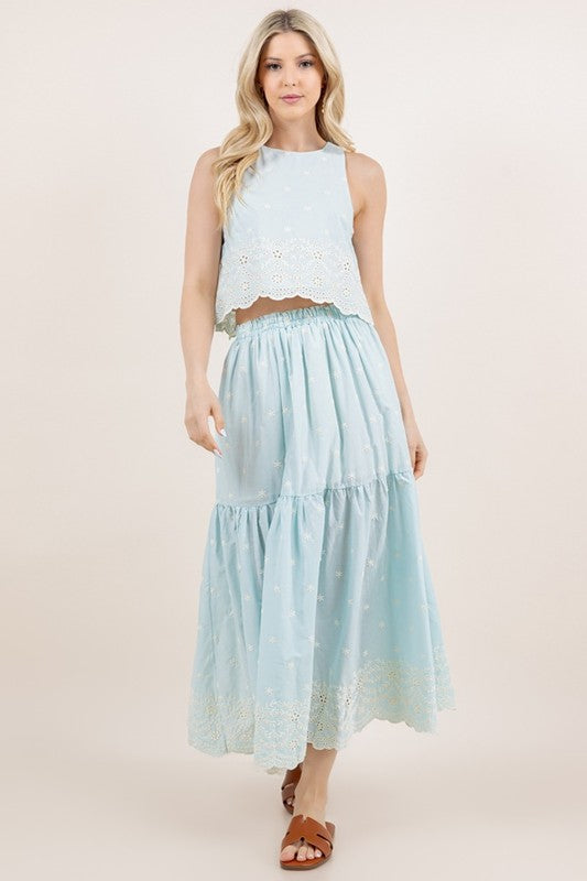 Embroidery Light Blue Crop Top & Skirt