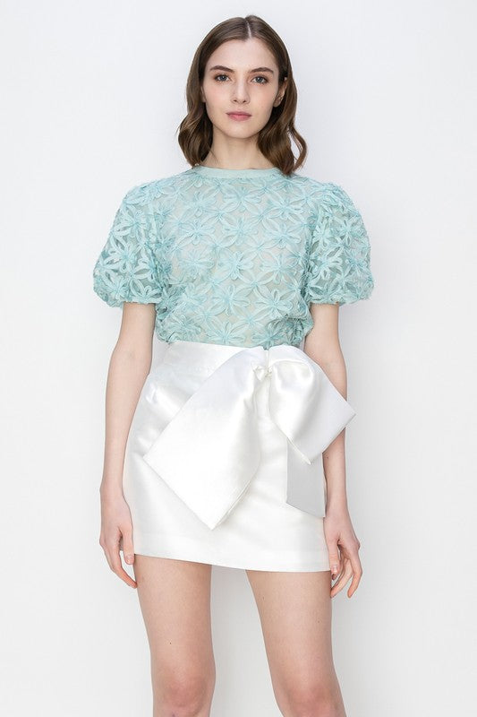 Sage Cutwork Floral Lace Puff Short Sleeves Top