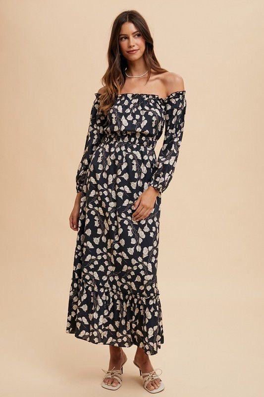 FLOWER PRINTED OFF THE SHOULDER MAXI DRESS