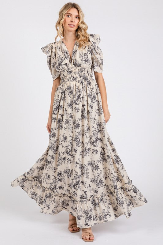 V Neck Ivory Print Maxi Dress