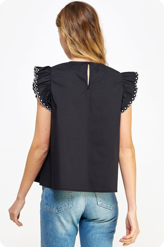 Black contrast embroidered eyelet sleeveless poplin top