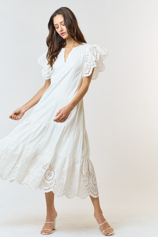 V neck eyelet white dress