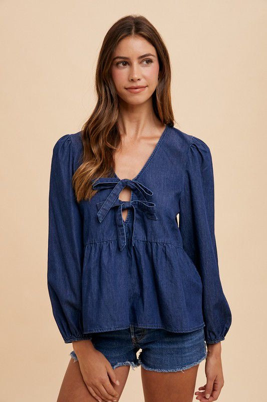 DENIM TIE FRONT PEPLUM BLOUSE