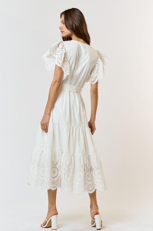 Embroidered Flutter Sleeve Belted Dress