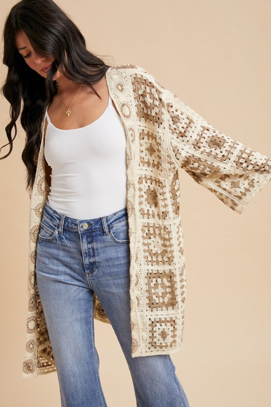 Crochet Knee Length Open Cardigan(Pre order)