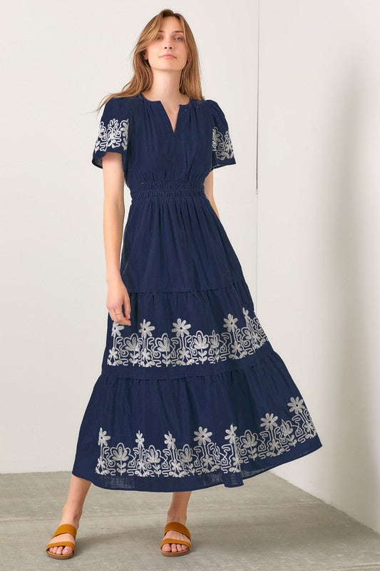 Navy Embroidered Boho Maxi Dress