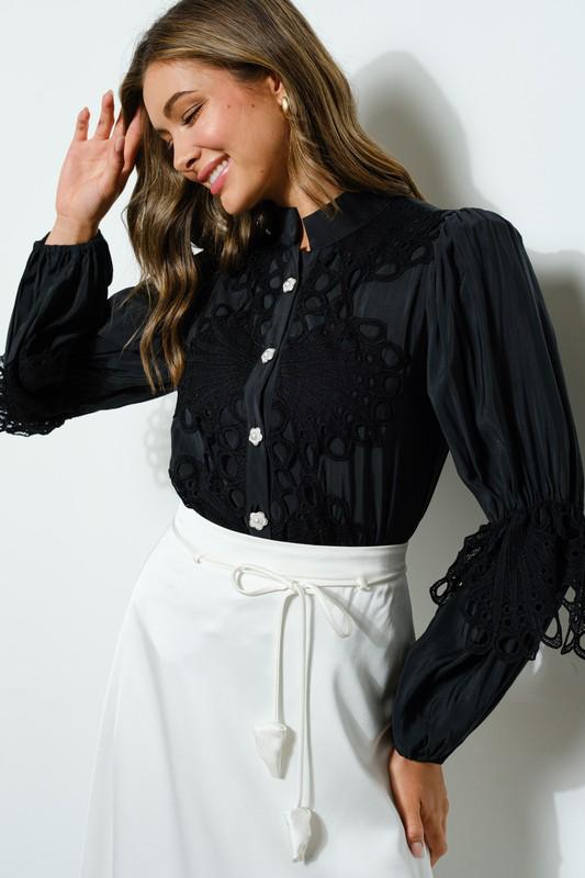 Black Lace Puff Sleeve Blouse