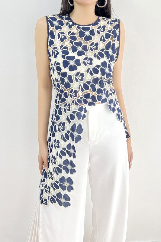 Floral Crochet Navy Asymmetry Tunic