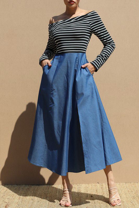 Striped Off-Shoulder Denim Maxi Dress