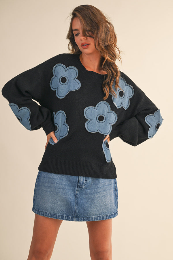 Denim Floral Contrast Knit Sweater Top(Pre order)