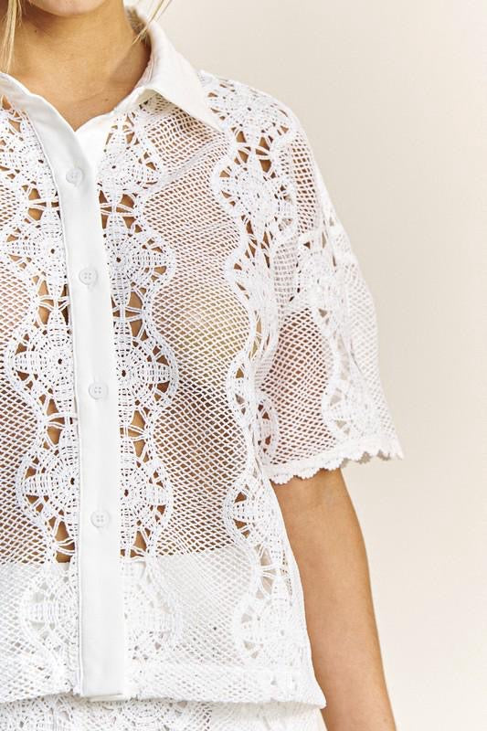 CROCHET LACE BUTTONDOWN SHIRT AND SHORTS SET (Preorder)