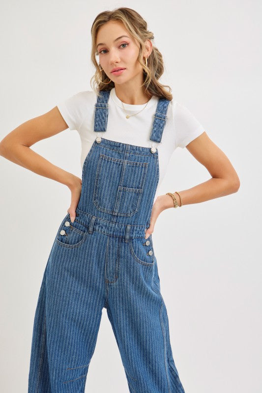 Striped Barrel-leg Denim Jumpsuit(Pre order)