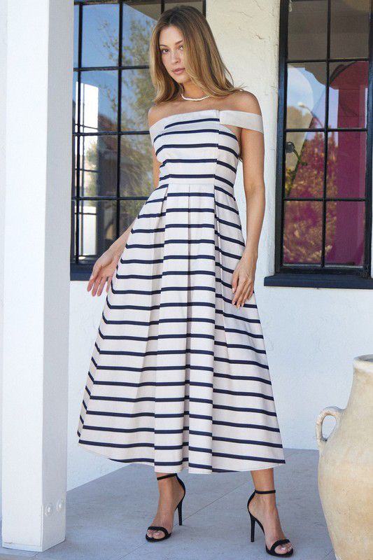 Strapless Striped Midi Dress