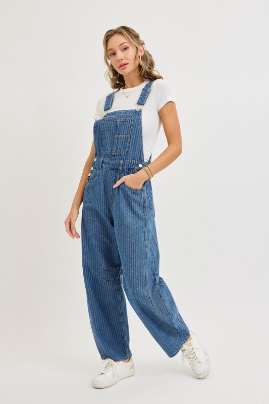 Striped Barrel-leg Denim Jumpsuit(Pre order)