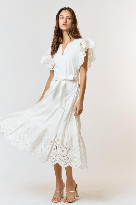 Embroidered Flutter Sleeve Belted Dress