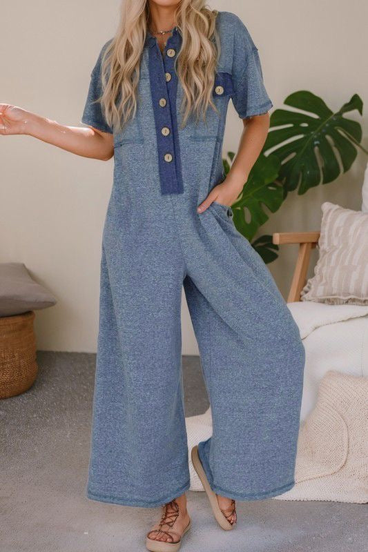 Half Placket Chest Pockets Wide Leg Jumpsuit (Preorder)