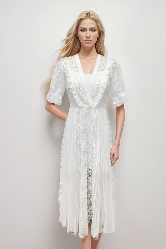 Victorian White V Neck Lace Maxi Dress